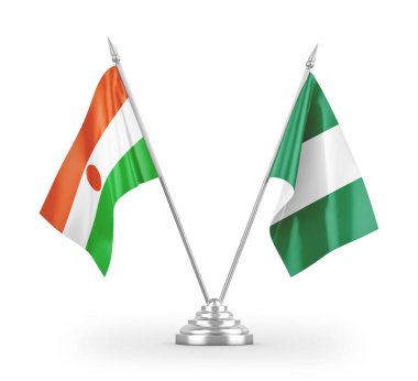 Nijerya ve Nijer masa bayrakları beyaz zemin üzerinde izole edilmiş 3D görüntüleme