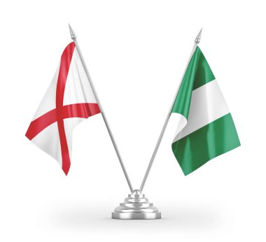 Nijerya ve Kuzey İrlanda masa bayrakları beyaz arka planda izole edilmiş 3D görüntüleme