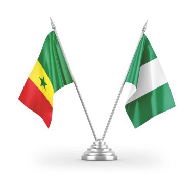 Nijerya ve Senegal masa bayrakları beyaz arkaplanda izole edilmiş 3D görüntüleme