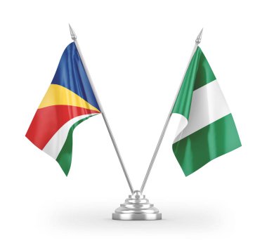 Nijerya ve Seyşeller masa bayrakları beyaz zemin üzerinde izole edilmiş 3D görüntüleme