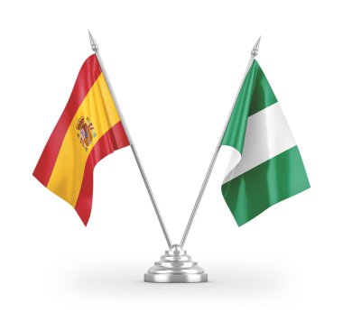 Nijerya ve İspanya masa bayrakları beyaz arkaplanda 3 boyutlu görüntüleme