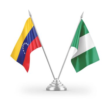 Nijerya ve Venezuela masa bayrakları beyaz arkaplanda 3 boyutlu görüntüleme