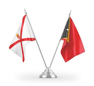 Doğu Timor ve Jersey masa bayrakları beyaz arka planda izole edilmiş 3D görüntüleme