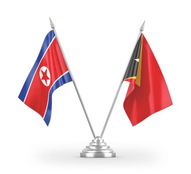 Doğu Timor ve Kuzey Kore masa bayrakları beyaz arka planda 3 boyutlu görüntüleme