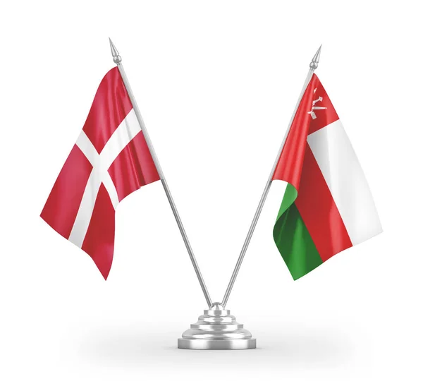 Oman Und Dänemark Tischfahnen Isoliert Auf Weißem Hintergrund Rendering — Stockfoto