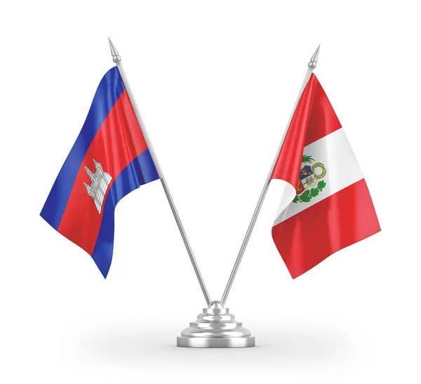 Banderas Mesa Perú Camboya Aisladas Sobre Fondo Blanco — Foto de Stock
