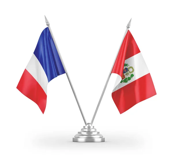 Peru Frankrijk Tafelvlaggen Geïsoleerd Witte Achtergrond Rendering — Stockfoto