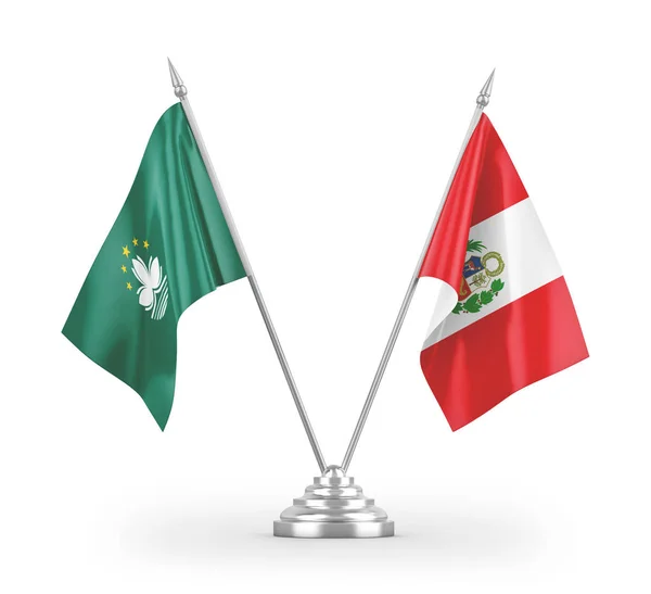Banderas Mesa Perú Macao Aisladas Sobre Fondo Blanco — Foto de Stock