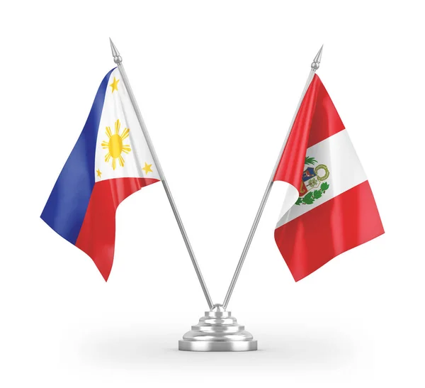 Peru Filipinler Masa Bayrakları Beyaz Arkaplandaki Görüntüleme — Stok fotoğraf
