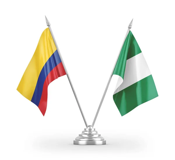 Νιγηρία Και Κολομβία Τραπέζι Σημαίες Απομονώνονται Λευκό Φόντο Απόδοση — Φωτογραφία Αρχείου
