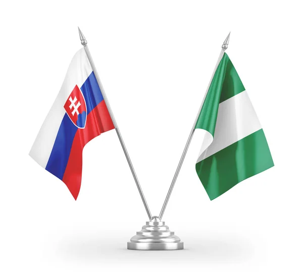 Bandeiras Mesa Nigéria Eslováquia Isoladas Fundo Branco Renderização — Fotografia de Stock