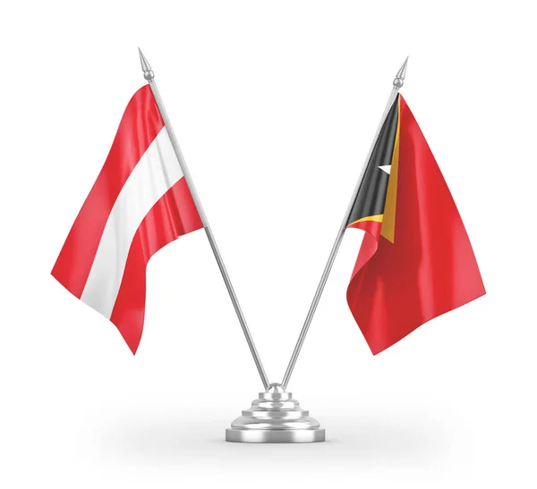Bandeiras Mesa Timor Leste Áustria Isoladas Fundo Branco Renderização — Fotografia de Stock