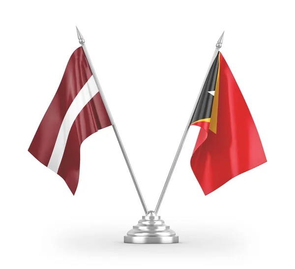 Bandeiras Mesa Timor Leste Letônia Isoladas Fundo Branco Renderização — Fotografia de Stock
