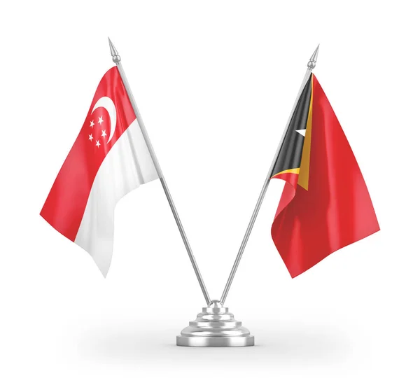 Östtimor Och Singapore Bordsflaggor Isolerade Vit Bakgrund Rendering — Stockfoto