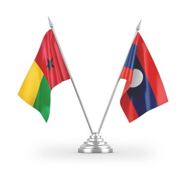 Laos ve Gine-Bissau masa bayrakları beyaz arkaplanda izole edilmiş 3D görüntüleme