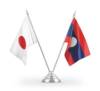 Laos ve Japon masa bayrakları beyaz arkaplanda 3 boyutlu görüntüleme