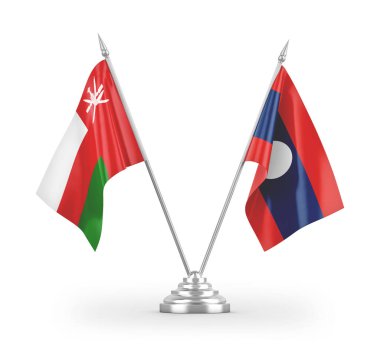 Laos ve Umman masa bayrakları beyaz arkaplanda izole edilmiş 3D görüntüleme