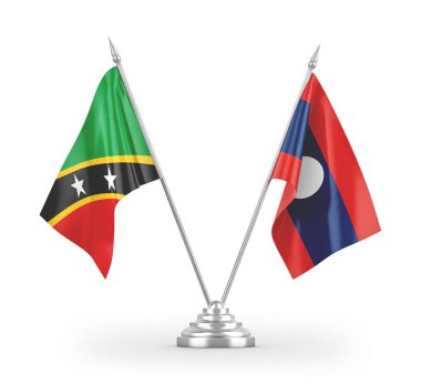 Laos ve Saint Kitts ve Nevis masa bayrakları beyaz arka planda izole edilmiş 3D görüntüleme