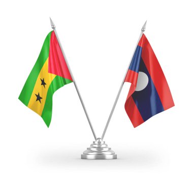 Laos ve Sao Tome ve Principe masa bayrakları beyaz arkaplanda izole edilmiş 3d görüntüleme