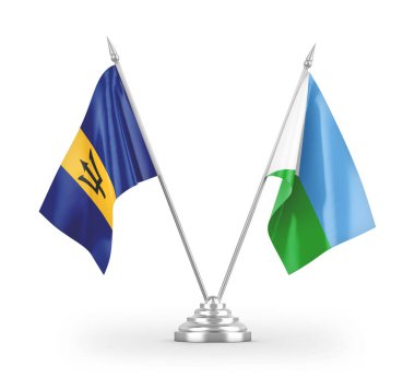 Cibuti ve Barbados masa bayrakları beyaz arkaplanda izole edilmiş 3d görüntüleme