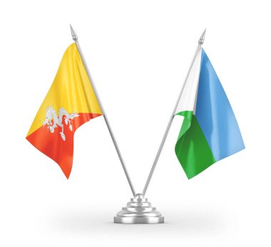 Cibuti ve Bhutan masa bayrakları beyaz arkaplanda izole edilmiş 3d görüntüleme