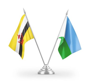 Cibuti ve Brunei Darussalam masa bayrakları beyaz zemin üzerinde izole edilmiş 3d