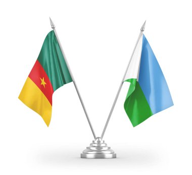 Cibuti ve Kamerun masa bayrakları beyaz arkaplanda izole edilmiş 3d görüntüleme