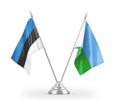 Cibuti ve Estonya masa bayrakları beyaz arkaplanda izole edilmiş 3d görüntüleme