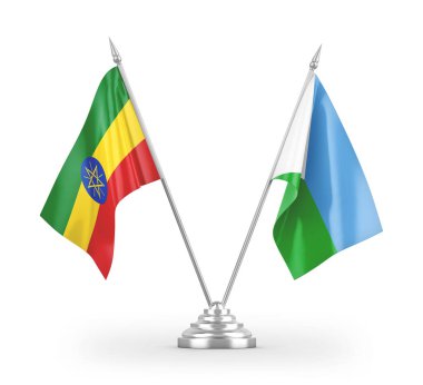 Cibuti ve Etiyopya masa bayrakları beyaz arkaplanda izole edilmiş 3d görüntüleme