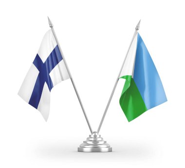 Cibuti ve Finlandiya masa bayrakları beyaz arkaplanda izole edilmiş 3d görüntüleme