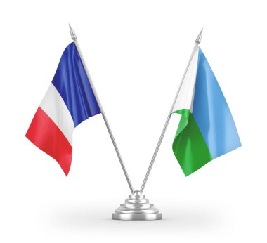 Cibuti ve Fransa masa bayrakları beyaz zemin üzerinde izole edilmiş 3D görüntüleme