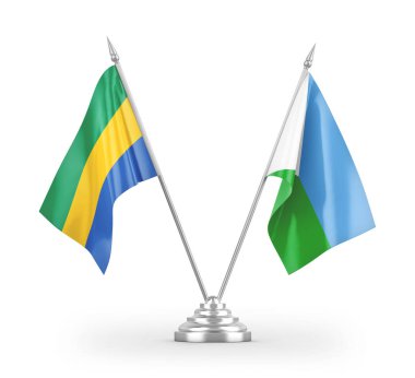 Cibuti ve Gabon masa bayrakları beyaz arkaplanda izole edilmiş 3d görüntüleme