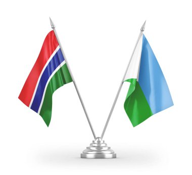 Cibuti ve Gambiya masa bayrakları beyaz arkaplanda izole edilmiş 3d görüntüleme