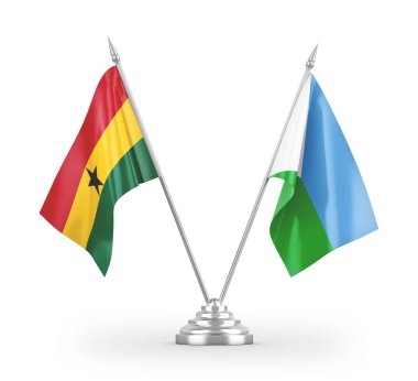Cibuti ve Gana masa bayrakları beyaz arkaplanda izole edilmiş 3d görüntüleme