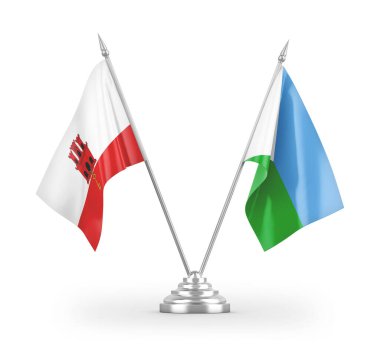 Cibuti ve Cebelitarık masa bayrakları beyaz arkaplanda izole edilmiş 3d görüntüleme