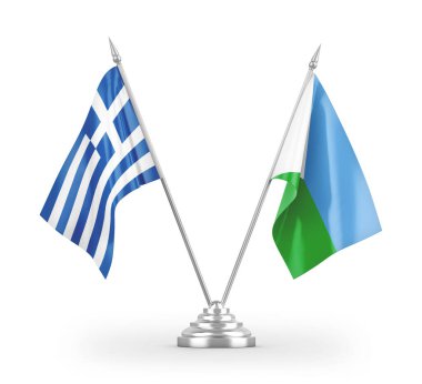 Cibuti ve Yunanistan masa bayrakları beyaz zemin üzerinde izole edilmiş 3D görüntüleme