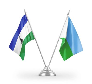 Cibuti ve Lesotho masa bayrakları beyaz arkaplanda izole edilmiş 3d görüntüleme