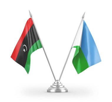 Cibuti ve Libya masa bayrakları beyaz zemin üzerinde izole edilmiş 3D görüntüleme