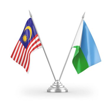 Cibuti ve Malezya masa bayrakları beyaz arkaplanda izole edilmiş 3d görüntüleme