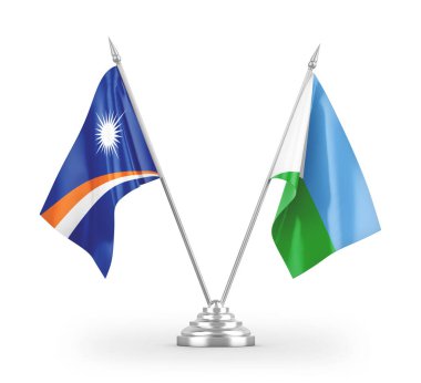 Cibuti ve Marshall Adaları masa bayrakları beyaz zemin üzerinde izole edilmiş 3D görüntüleme