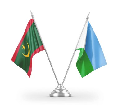Cibuti ve Moritanya masa bayrakları beyaz arkaplanda izole edilmiş 3d görüntüleme