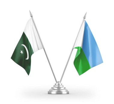 Cibuti ve Pakistan masa bayrakları beyaz zemin üzerinde izole edilmiş 3D görüntüleme