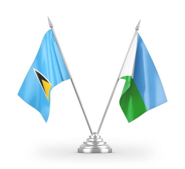 Cibuti ve Saint Lucia masa bayrakları beyaz zemin üzerinde izole edilmiş 3D görüntüleme