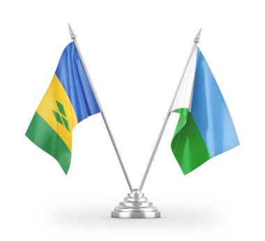 Cibuti ve Saint Vincent ve Grenadine masa bayrakları beyaz zemin üzerinde izole edilmiş 3D