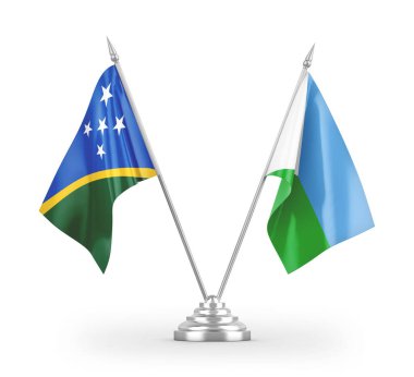 Cibuti ve Solomon Adaları masa bayrakları beyaz zemin üzerinde izole edilmiş 3D görüntüleme