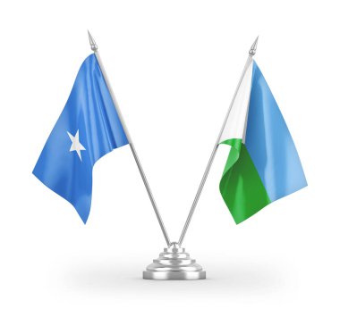 Cibuti ve Somali masa bayrakları beyaz arka planda izole edilmiş 3D görüntüleme