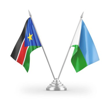 Cibuti ve Güney Sudan masa bayrakları beyaz arkaplanda izole edilmiş 3d görüntüleme