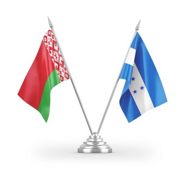 Beyaz arkaplan üzerinde izole edilmiş Honduras ve Belarus masa bayrakları 3d