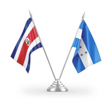 Beyaz arkaplandaki Honduras ve Kosta Rika masa bayrakları 3 boyutlu görüntüleme