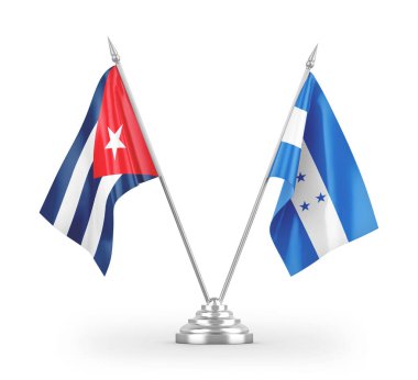 Beyaz arkaplanda izole edilmiş Honduras ve Küba masa bayrakları